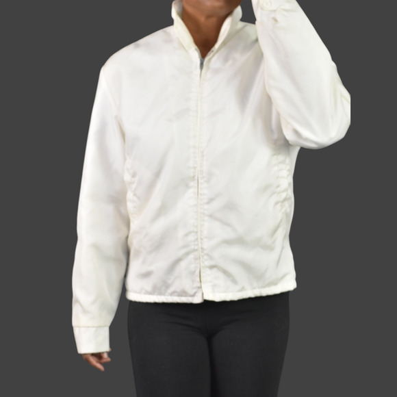 Vintage California White Matte Satin Bomber Jacket Faux Fur 70s Zip Front Small - Picture 15 of 15